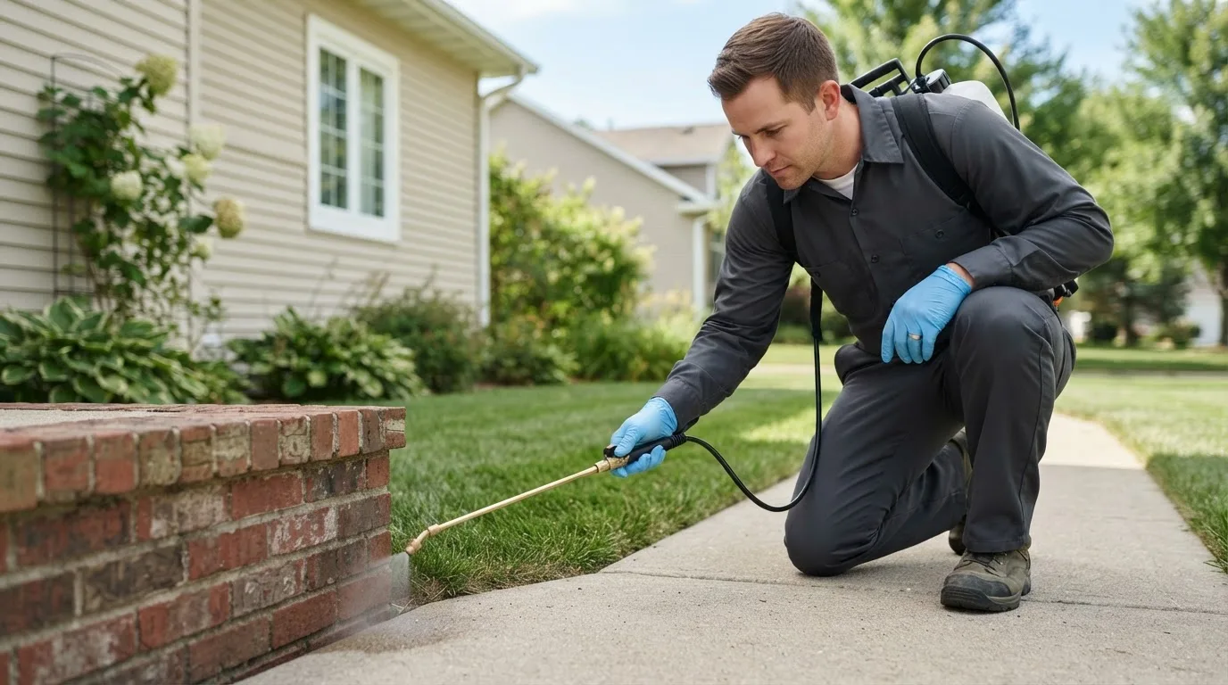 Pest control technician treating a home near Cleveland, UT